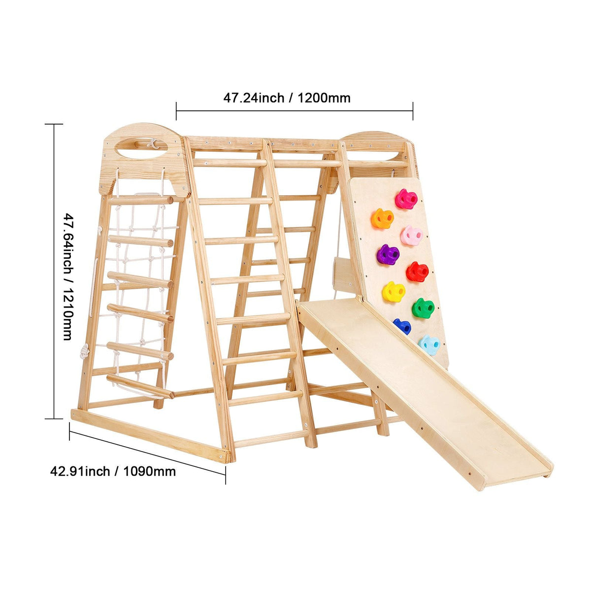 Indoor Jungle Gym, 7-in-1 Toddler Indoor Playground, 43 x 47.2 x 47 inch, with Wood and Rope Ladder, Net Ladder, Swing, Monkey Bar, Slide, Climbing Wall, Wooden Indoor Climbing Toys for Kids