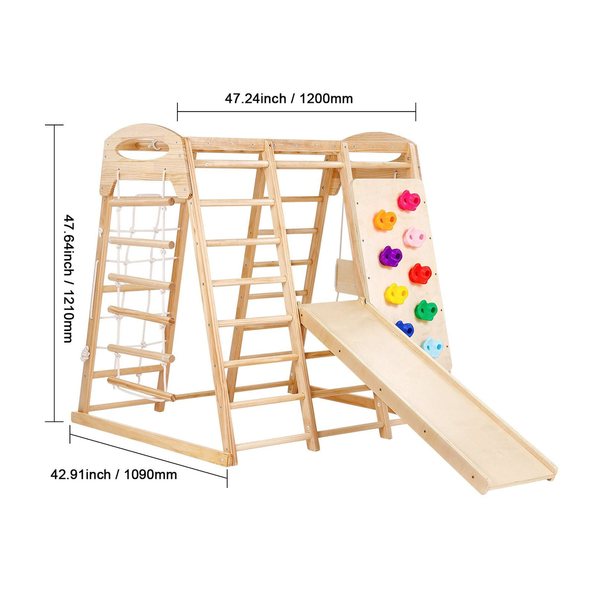 Indoor Jungle Gym, 7-in-1 Toddler Indoor Playground, Wooden Toddler Climbing Toys Indoor with Wood & Rope Ladder, Net Ladder, Swing, Monkey Bar, Slide, Climbing Wall, 43 x 47.2 x 47in