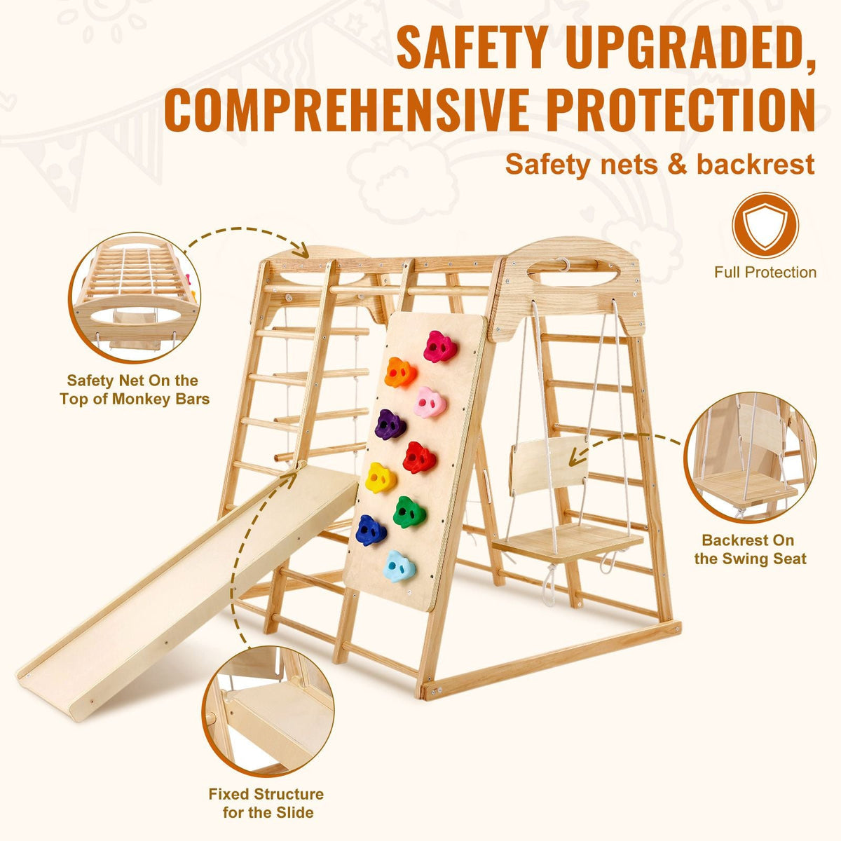 Indoor Jungle Gym, 7-in-1 Toddler Indoor Playground, Wooden Toddler Climbing Toys Indoor with Wood & Rope Ladder, Net Ladder, Swing, Monkey Bar, Slide, Climbing Wall, 43 x 47.2 x 47in