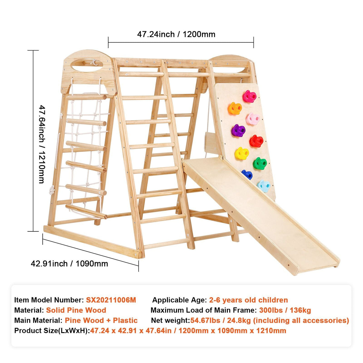 Indoor Jungle Gym, 7-in-1 Toddler Indoor Playground, Wooden Toddler Climbing Toys Indoor with Wood & Rope Ladder, Net Ladder, Swing, Monkey Bar, Slide, Climbing Wall, 43 x 47.2 x 47in
