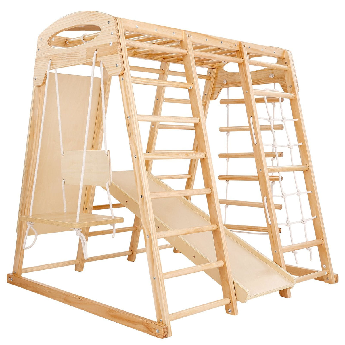 Indoor Jungle Gym, 7-in-1 Toddler Indoor Playground, Wooden Toddler Climbing Toys Indoor with Wood & Rope Ladder, Net Ladder, Swing, Monkey Bar, Slide, Climbing Wall, 43 x 47.2 x 47in