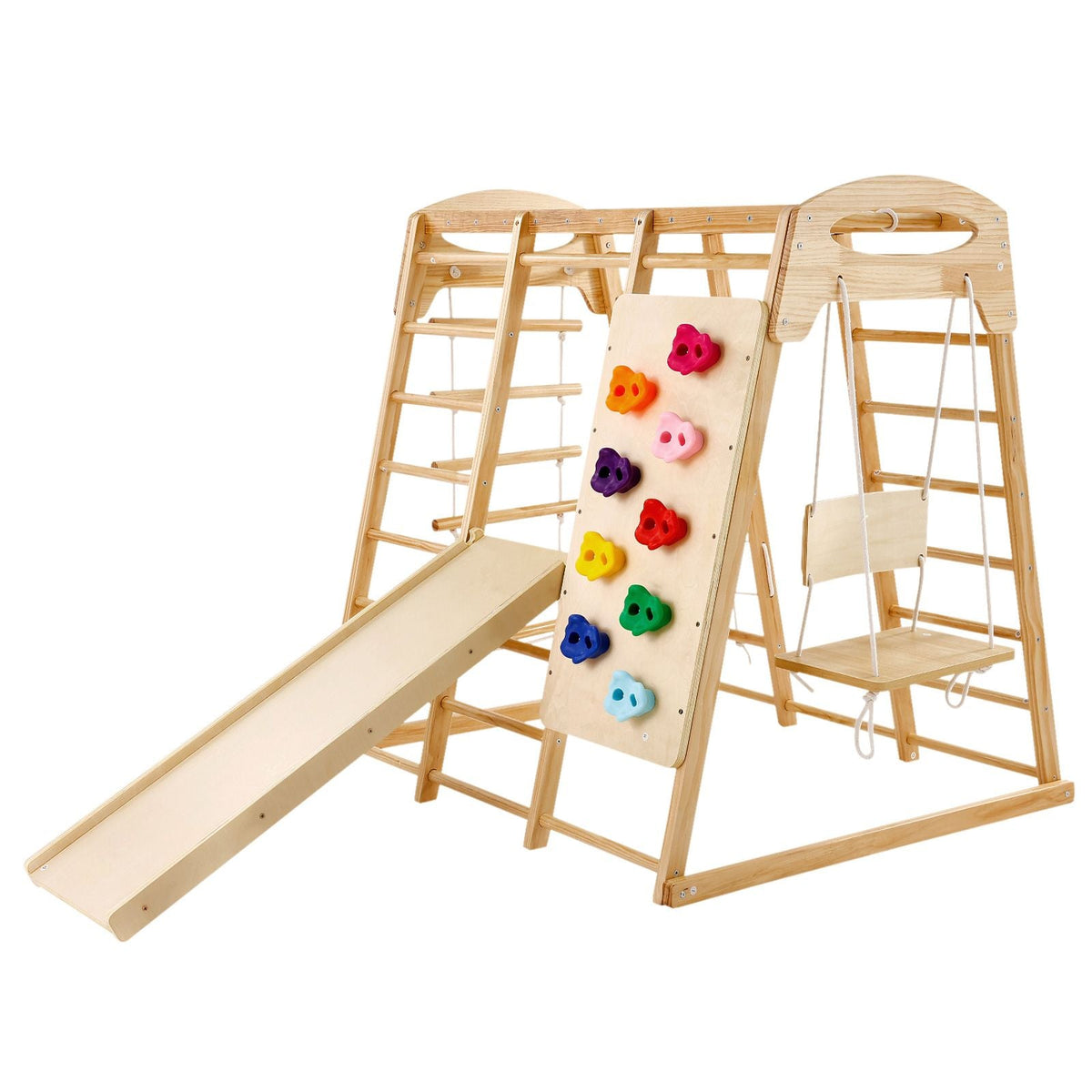 Indoor Jungle Gym, 7-in-1 Toddler Indoor Playground, Wooden Toddler Climbing Toys Indoor with Wood & Rope Ladder, Net Ladder, Swing, Monkey Bar, Slide, Climbing Wall, 47.2 x 58 x 56in
