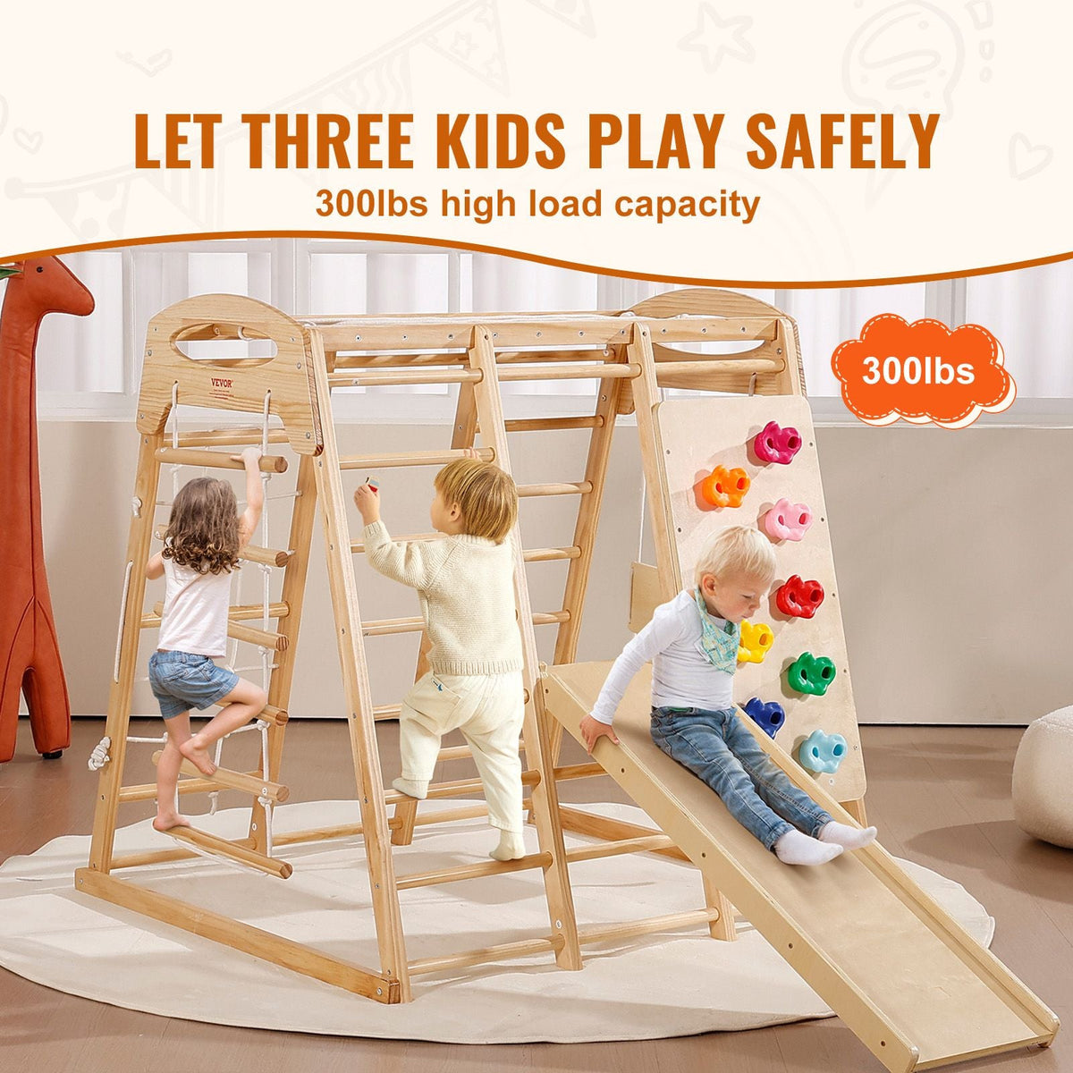 Indoor Jungle Gym, 7-in-1 Toddler Indoor Playground, Wooden Toddler Climbing Toys Indoor with Wood & Rope Ladder, Net Ladder, Swing, Monkey Bar, Slide, Climbing Wall, 47.2 x 58 x 56in