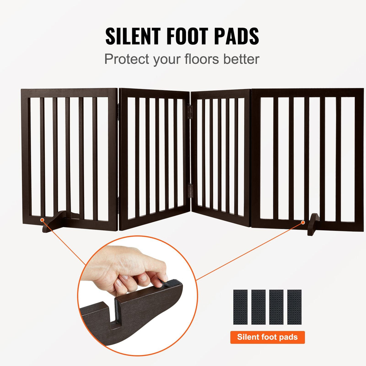 Indoor Pet Barrier, 24" Height x 80.3" Width, 4-Panel Folding Gate for Pets, Adjustable and Versatile Dog Fence for Both Wide and Slim Openings, Quiet Foot Pads, in Brown