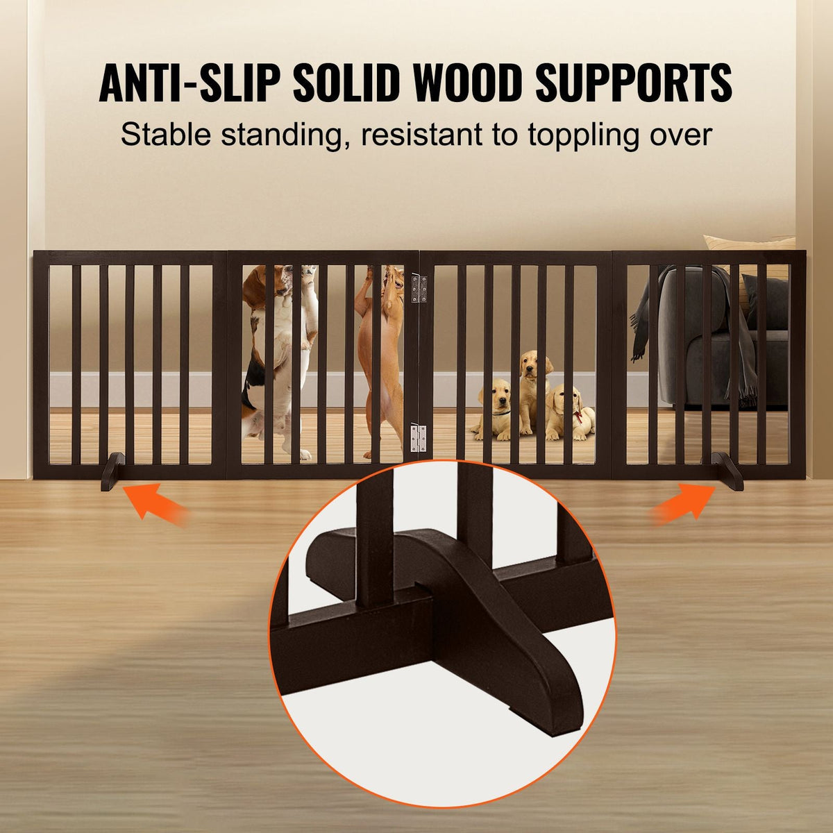 Indoor Pet Barrier, 24" Height x 80.3" Width, 4-Panel Folding Gate for Pets, Adjustable and Versatile Dog Fence for Both Wide and Slim Openings, Quiet Foot Pads, in Brown