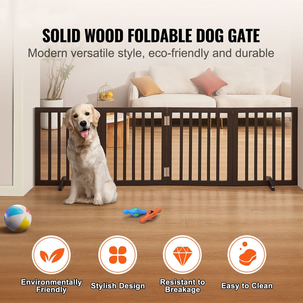 Indoor Pet Barrier, 24" Height x 80.3" Width, 4-Panel Folding Gate for Pets, Adjustable and Versatile Dog Fence for Both Wide and Slim Openings, Quiet Foot Pads, in Brown