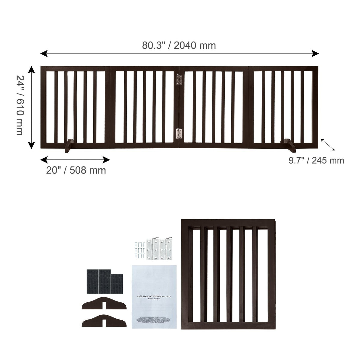 Indoor Pet Barrier, 24" Height x 80.3" Width, 4-Panel Folding Gate for Pets, Adjustable and Versatile Dog Fence for Both Wide and Slim Openings, Quiet Foot Pads, in Brown