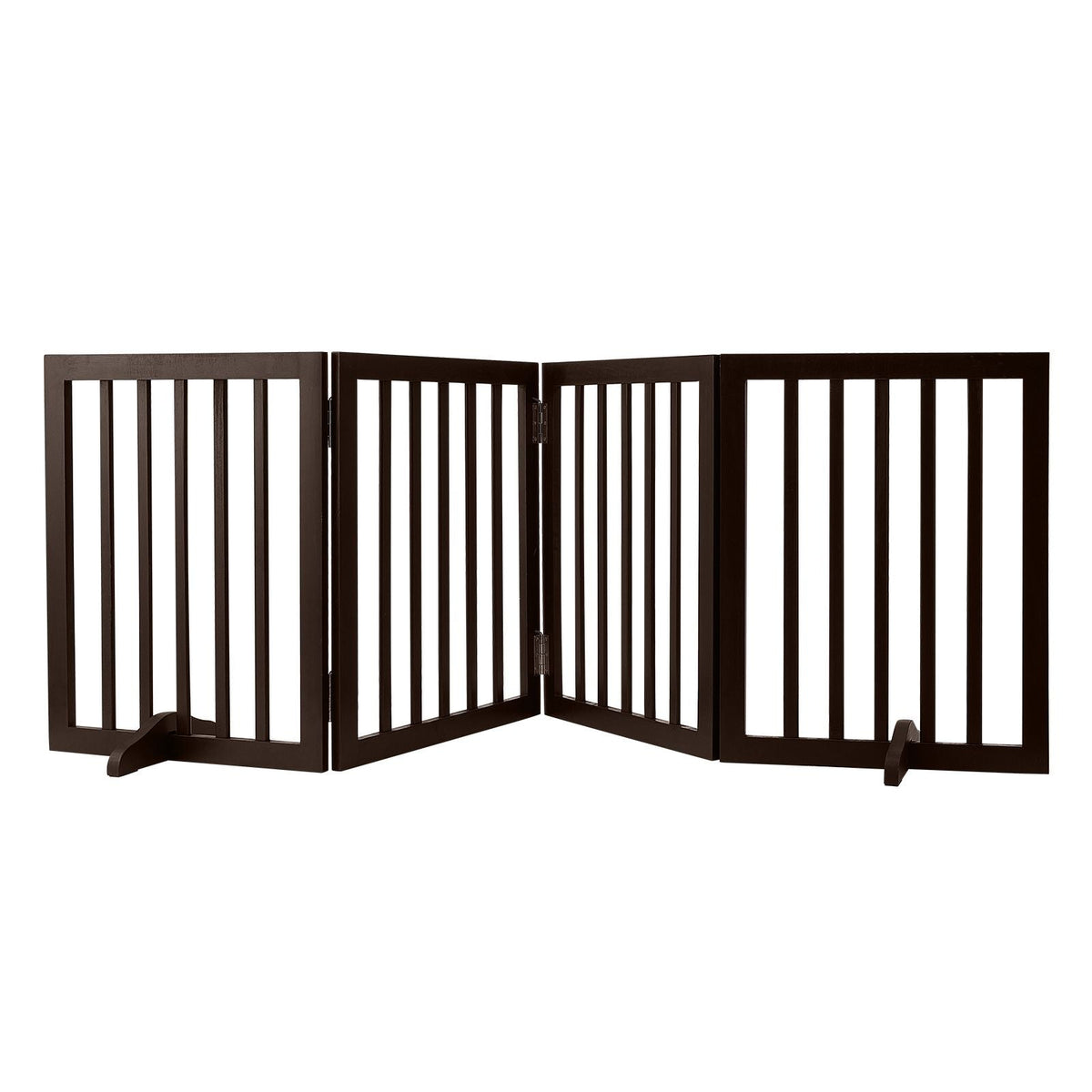 Indoor Pet Barrier, 24" Height x 80.3" Width, 4-Panel Folding Gate for Pets, Adjustable and Versatile Dog Fence for Both Wide and Slim Openings, Quiet Foot Pads, in Brown