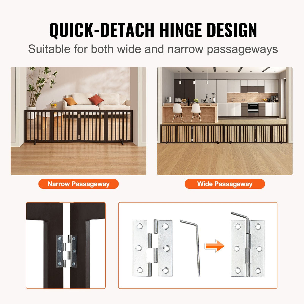 Indoor Pet Barrier, 24" Height x 80.3" Width, 4-Panel Folding Gate for Pets, Adjustable and Versatile Dog Fence for Both Wide and Slim Openings, Quiet Foot Pads, in Brown