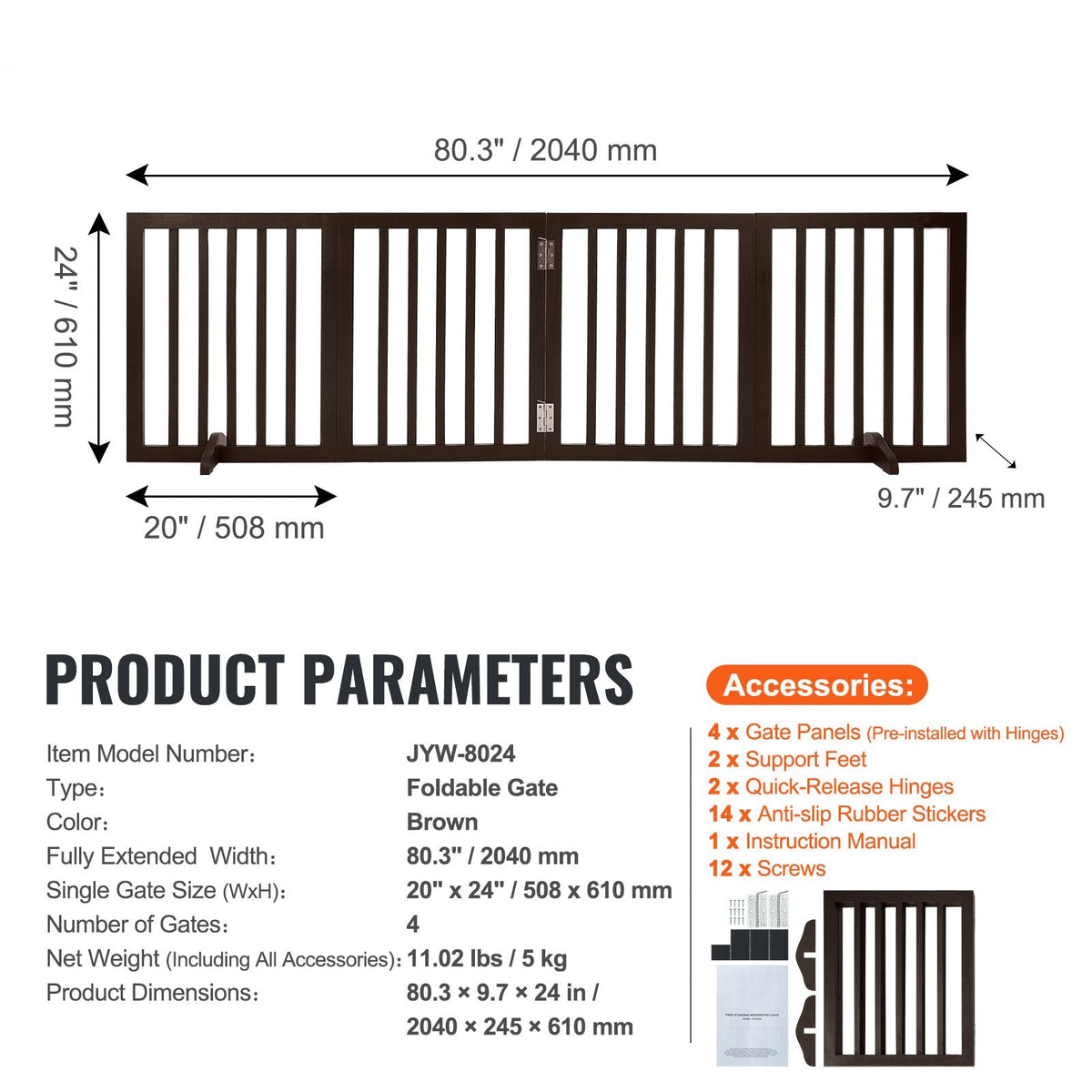 Indoor Pet Barrier, 24" Height x 80.3" Width, 4-Panel Folding Gate for Pets, Adjustable and Versatile Dog Fence for Both Wide and Slim Openings, Quiet Foot Pads, in Brown
