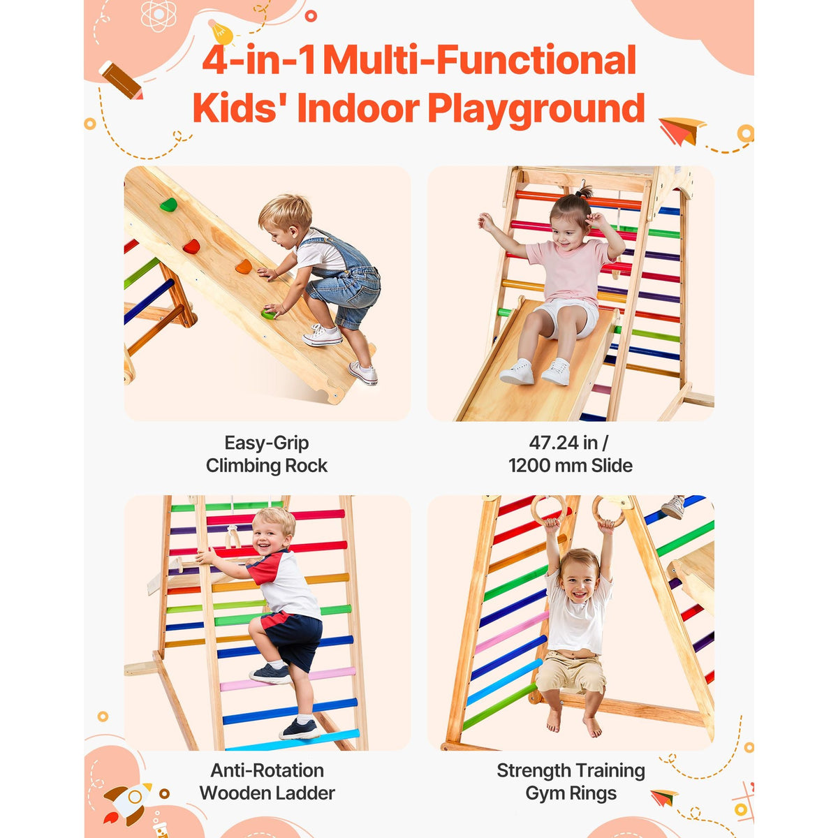 Indoor Playground Jungle Gym, 4-in-1 Wooden Indoor Playground Playset with Climbing Rock, Slide, Wooden Ladder & Gym Rings, Montessori Style Playground Climbing Toys for Boys Girls, 220LBS
