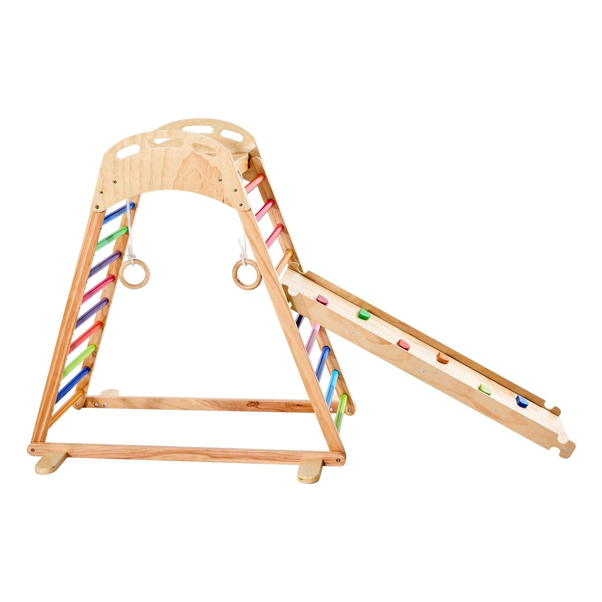 Indoor Playground Jungle Gym, 4-in-1 Wooden Indoor Playground Playset with Climbing Rock, Slide, Wooden Ladder & Gym Rings, Montessori Style Playground Climbing Toys for Boys Girls, 220LBS