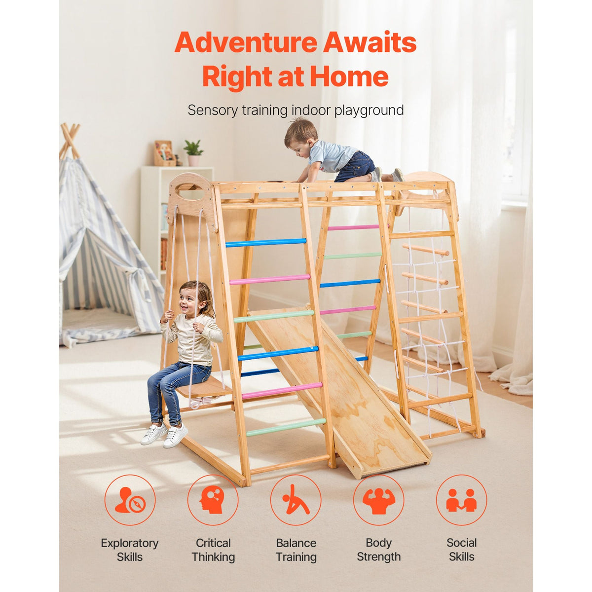 Indoor Playground Jungle Gym, 7-in-1 Wooden Indoor Playground for Kids, 250LBS Montessori Climbing Toys Playset with Swing, Monkey Bar, Slide, Wooden Ladder, Rope Ladder, Climbing Net & Rock