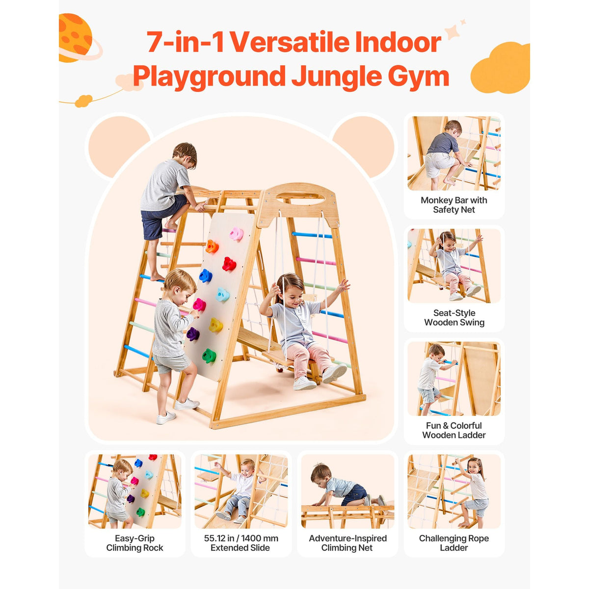 Indoor Playground Jungle Gym, 7-in-1 Wooden Indoor Playground for Kids, 250LBS Montessori Climbing Toys Playset with Swing, Monkey Bar, Slide, Wooden Ladder, Rope Ladder, Climbing Net & Rock