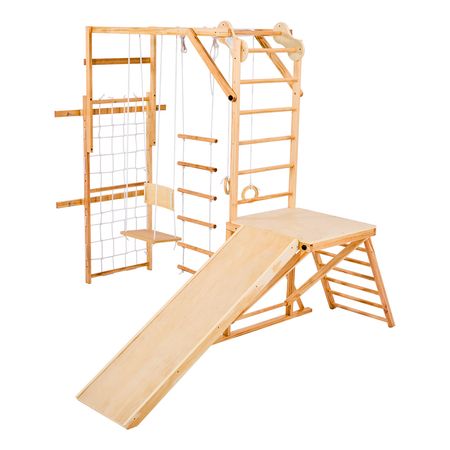 Indoor Playground Jungle Gym, 8-in-1 Wooden Indoor Playground for Kids, 220LBS Montessori Climbing Toys Playset with Slide, Swing, Monkey Bar, Gym Rings, Wooden / Rope Ladder, Climbing Net & Bar