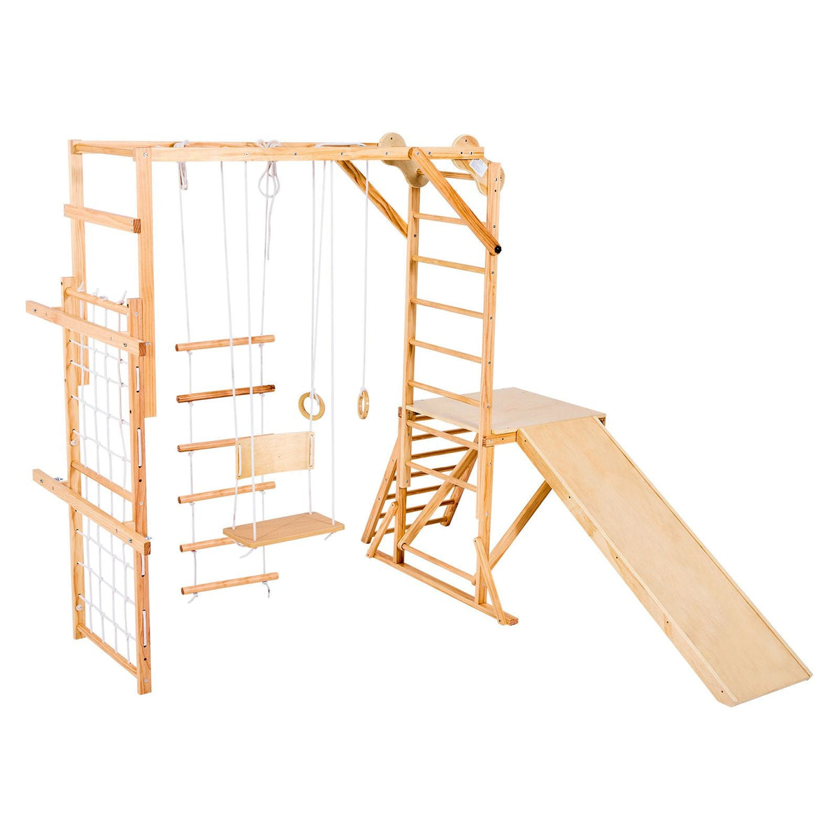 Indoor Playground Jungle Gym, 8-in-1 Wooden Indoor Playground for Kids, 220LBS Montessori Climbing Toys Playset with Slide, Swing, Monkey Bar, Gym Rings, Wooden / Rope Ladder, Climbing Net & Bar