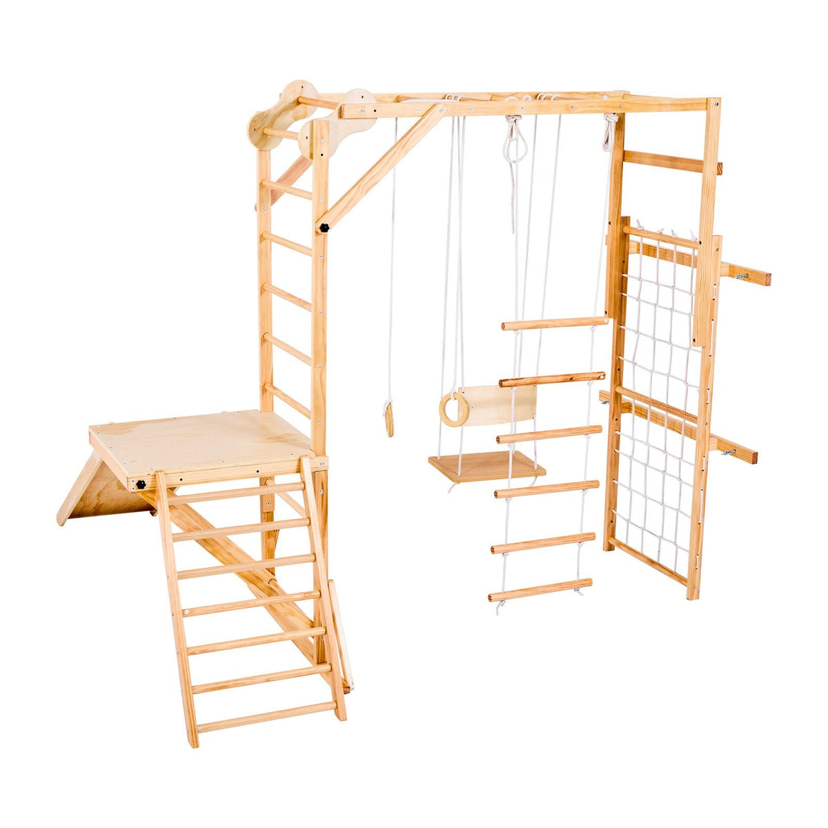 Indoor Playground Jungle Gym, 8-in-1 Wooden Indoor Playground for Kids, 220LBS Montessori Climbing Toys Playset with Slide, Swing, Monkey Bar, Gym Rings, Wooden / Rope Ladder, Climbing Net & Bar
