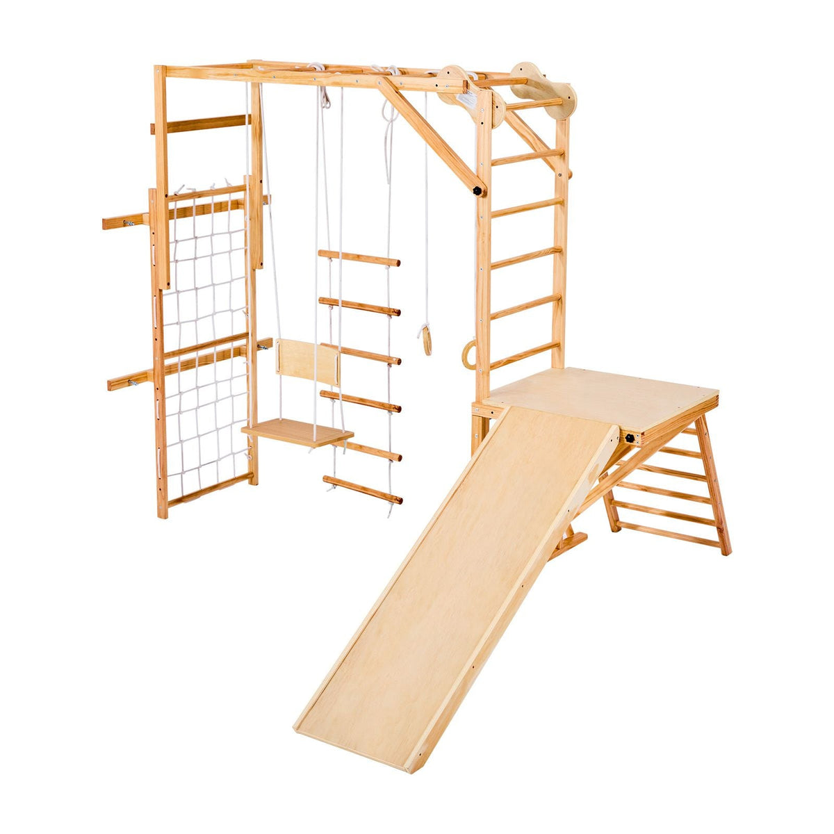 Indoor Playground Jungle Gym, 8-in-1 Wooden Indoor Playground for Kids, 220LBS Montessori Climbing Toys Playset with Slide, Swing, Monkey Bar, Gym Rings, Wooden / Rope Ladder, Climbing Net & Bar