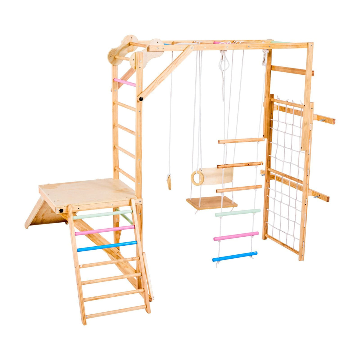 Indoor Playground Jungle Gym, 8-in-1 Wooden Indoor Playground Playset, 220LBS Loading Montessori Climbing Toys with Swing, Slide, Monkey Bar, Gym Rings, Wooden / Rope Ladder, Climbing Net & Bar