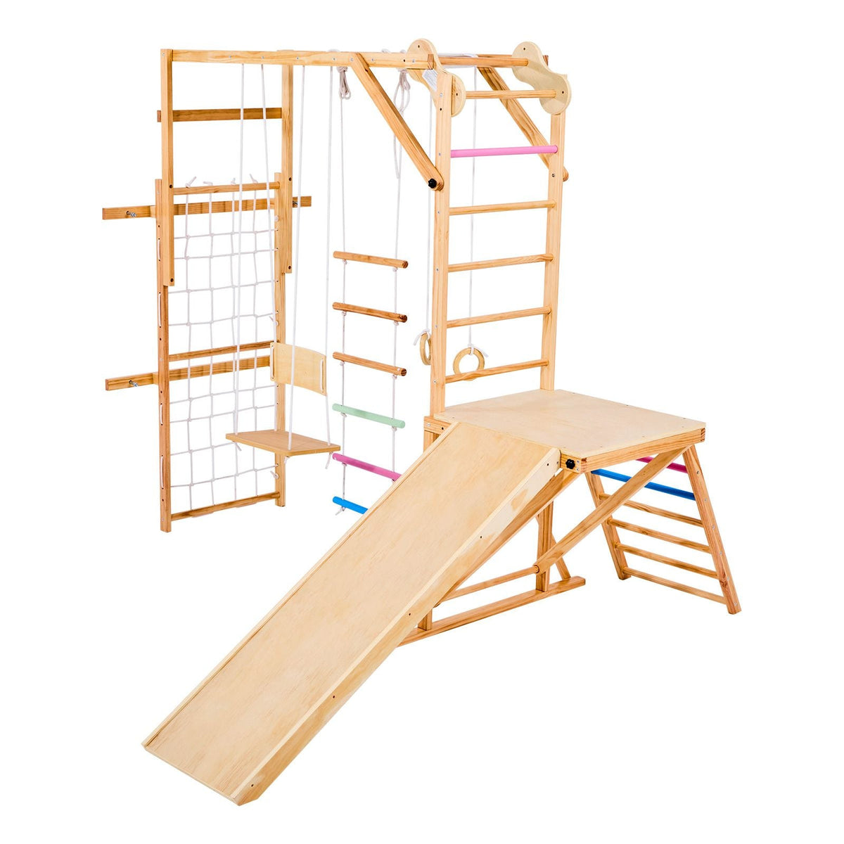Indoor Playground Jungle Gym, 8-in-1 Wooden Indoor Playground Playset, 220LBS Loading Montessori Climbing Toys with Swing, Slide, Monkey Bar, Gym Rings, Wooden / Rope Ladder, Climbing Net & Bar