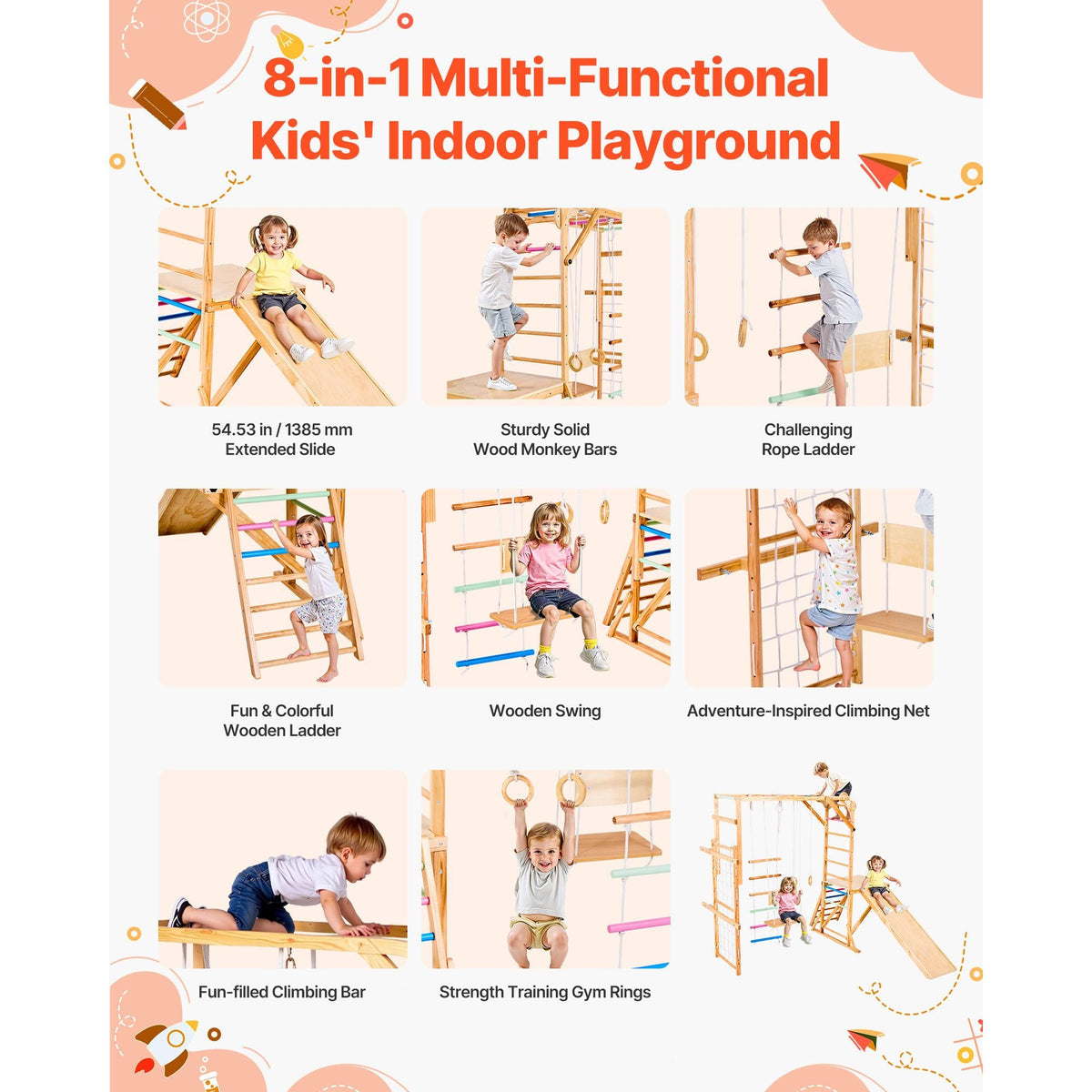 Indoor Playground Jungle Gym, 8-in-1 Wooden Indoor Playground Playset, 220LBS Loading Montessori Climbing Toys with Swing, Slide, Monkey Bar, Gym Rings, Wooden / Rope Ladder, Climbing Net & Bar