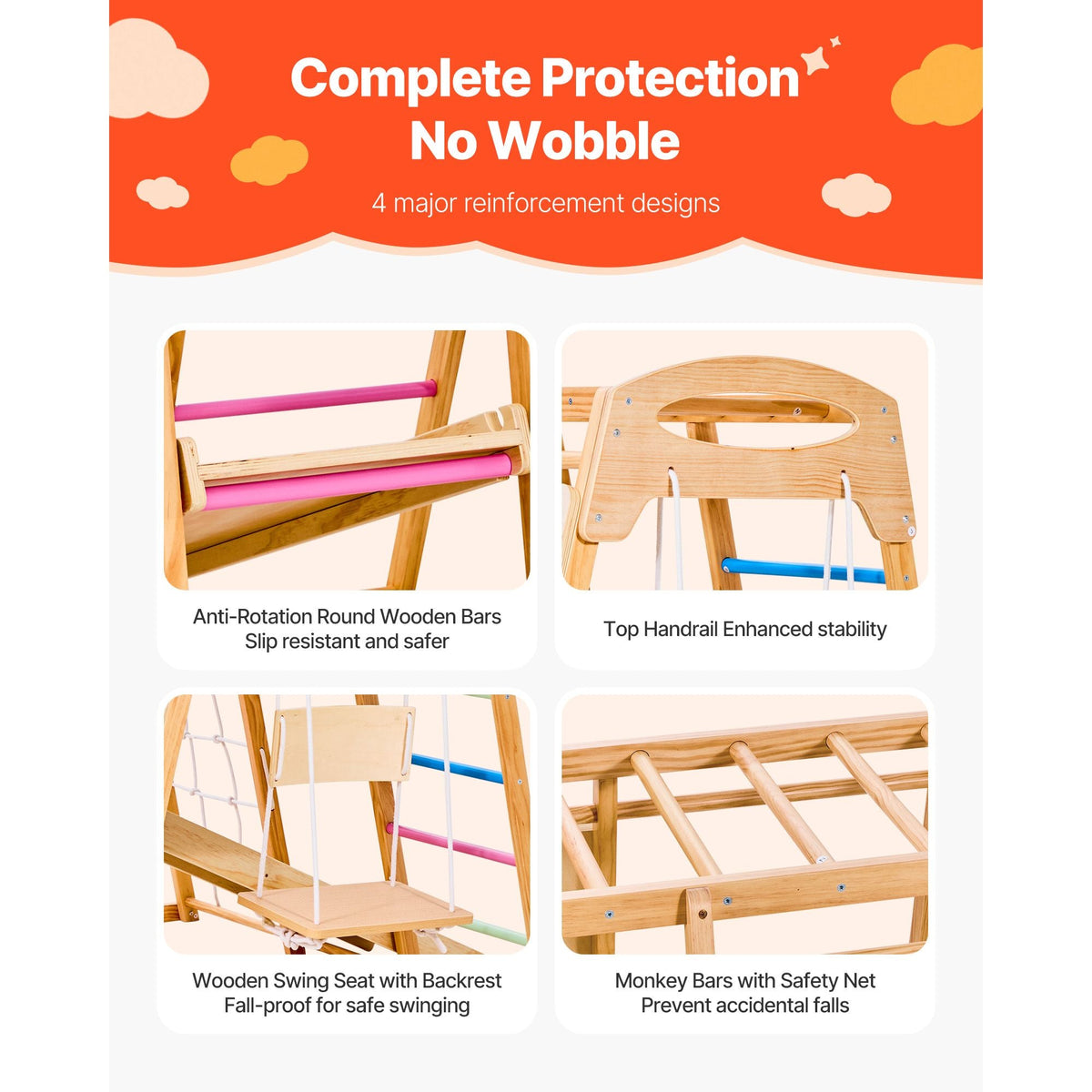 Indoor Playground Jungle Gym, 9-in-1 Montessori Climbing Toys for Toddlers, 250LBS Wooden Indoor Playground Playset with Monkey Bar, Swings, Slide, Rope / Wooden Ladder, Climbing Net, Bar & Rock