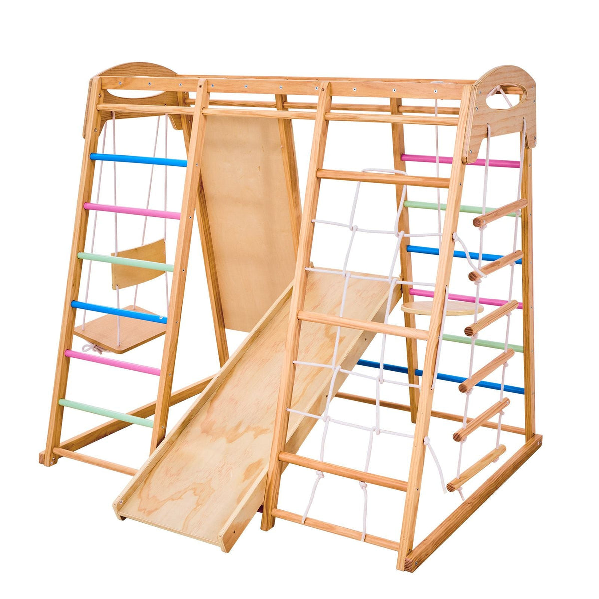 Indoor Playground Jungle Gym, 9-in-1 Montessori Climbing Toys for Toddlers, 250LBS Wooden Indoor Playground Playset with Monkey Bar, Swings, Slide, Rope / Wooden Ladder, Climbing Net, Bar & Rock