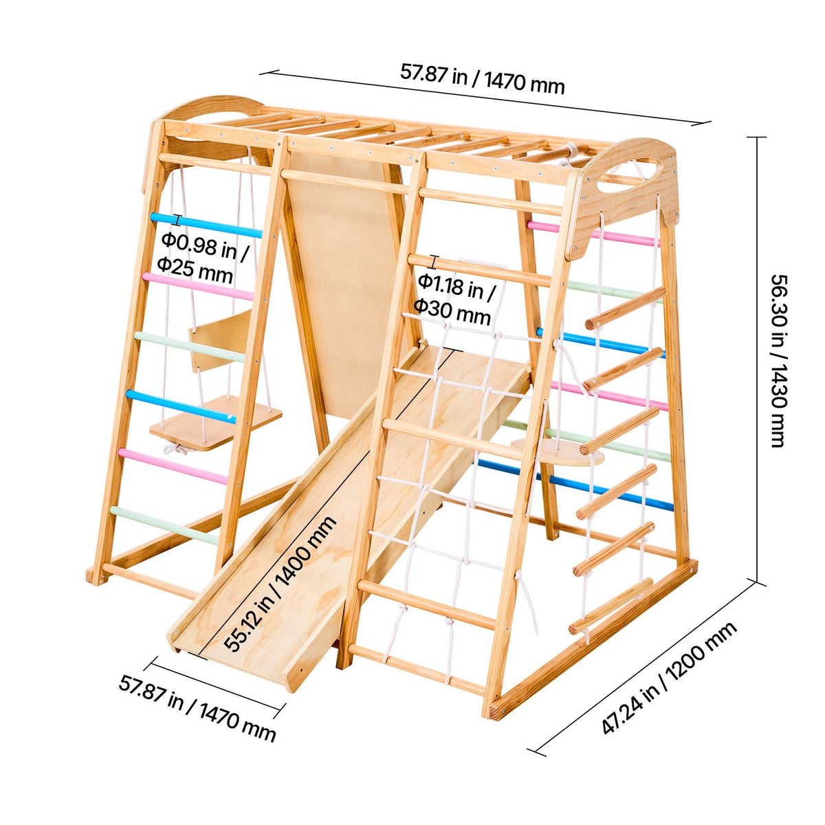 Indoor Playground Jungle Gym, 9-in-1 Montessori Climbing Toys for Toddlers, 250LBS Wooden Indoor Playground Playset with Monkey Bar, Swings, Slide, Rope / Wooden Ladder, Climbing Net, Bar & Rock