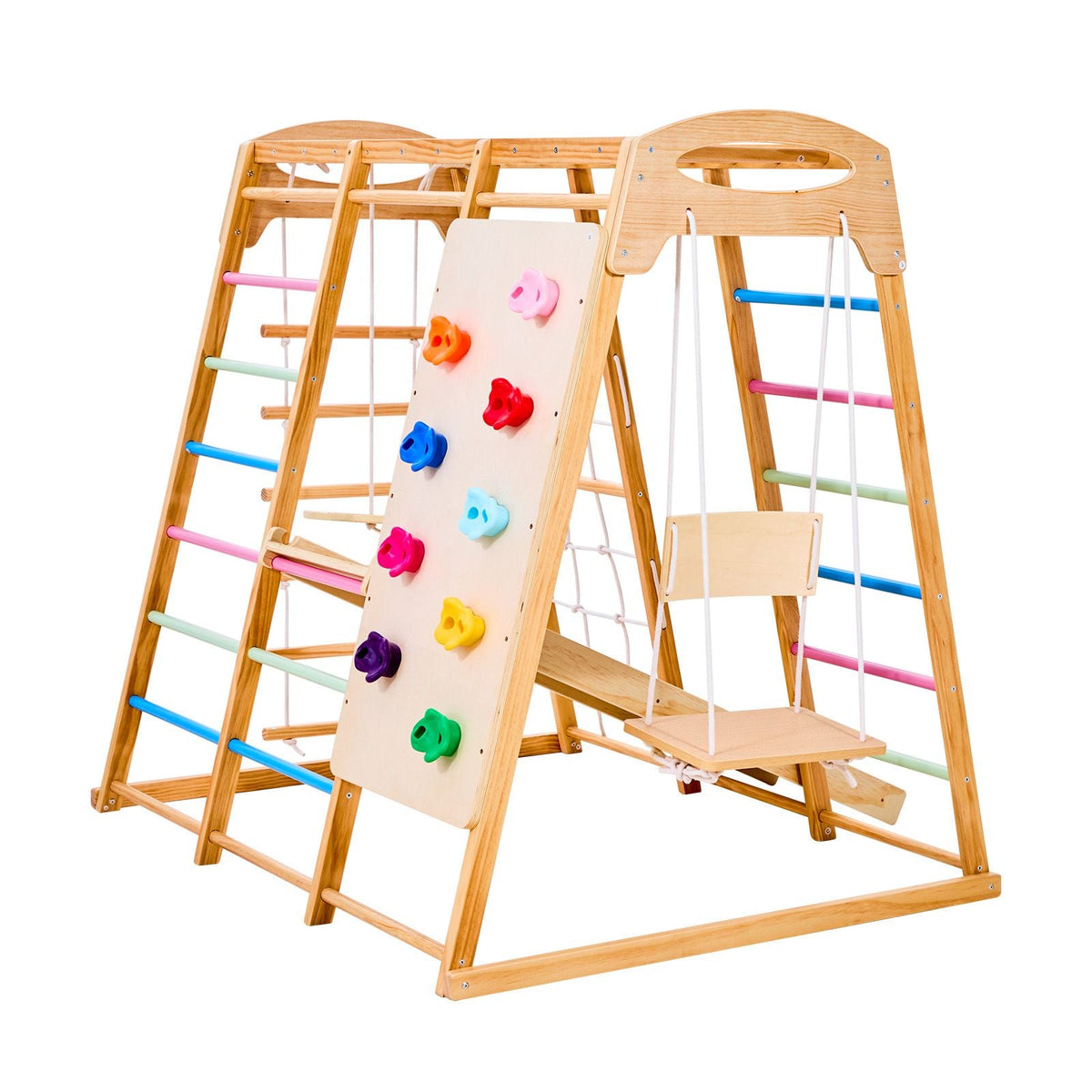 Indoor Playground Jungle Gym, 9-in-1 Montessori Climbing Toys for Toddlers, 250LBS Wooden Indoor Playground Playset with Monkey Bar, Swings, Slide, Rope / Wooden Ladder, Climbing Net, Bar & Rock