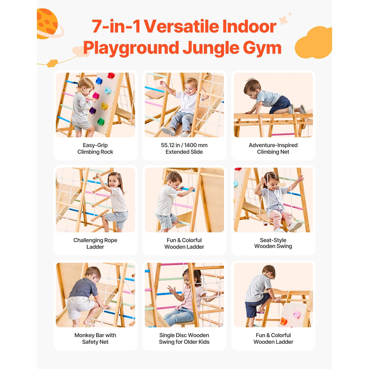 Indoor Playground Jungle Gym, 9-in-1 Montessori Climbing Toys for Toddlers, 250LBS Wooden Indoor Playground Playset with Monkey Bar, Swings, Slide, Rope / Wooden Ladder, Climbing Net, Bar & Rock