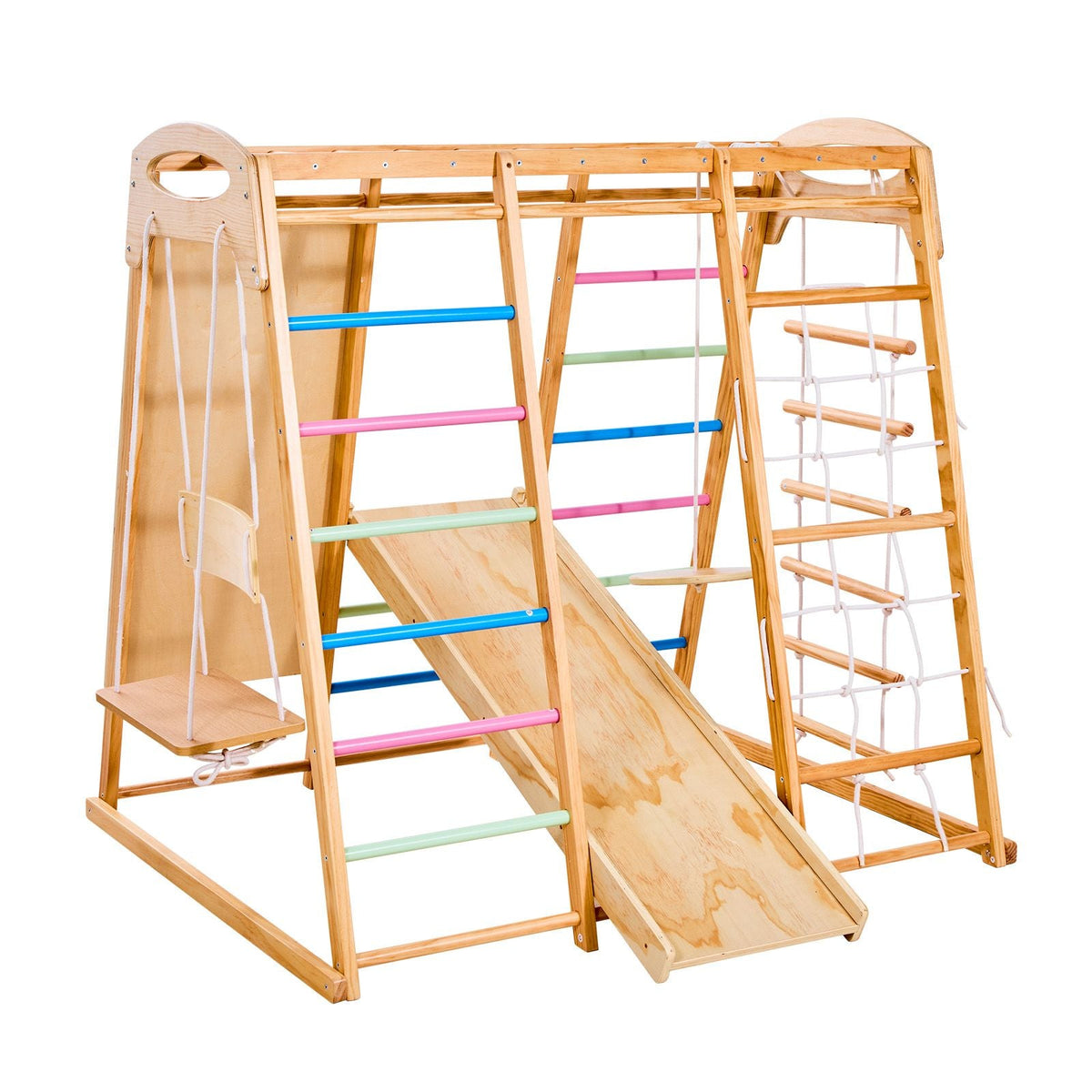 Indoor Playground Jungle Gym, 9-in-1 Montessori Climbing Toys for Toddlers, 250LBS Wooden Indoor Playground Playset with Monkey Bar, Swings, Slide, Rope / Wooden Ladder, Climbing Net, Bar & Rock