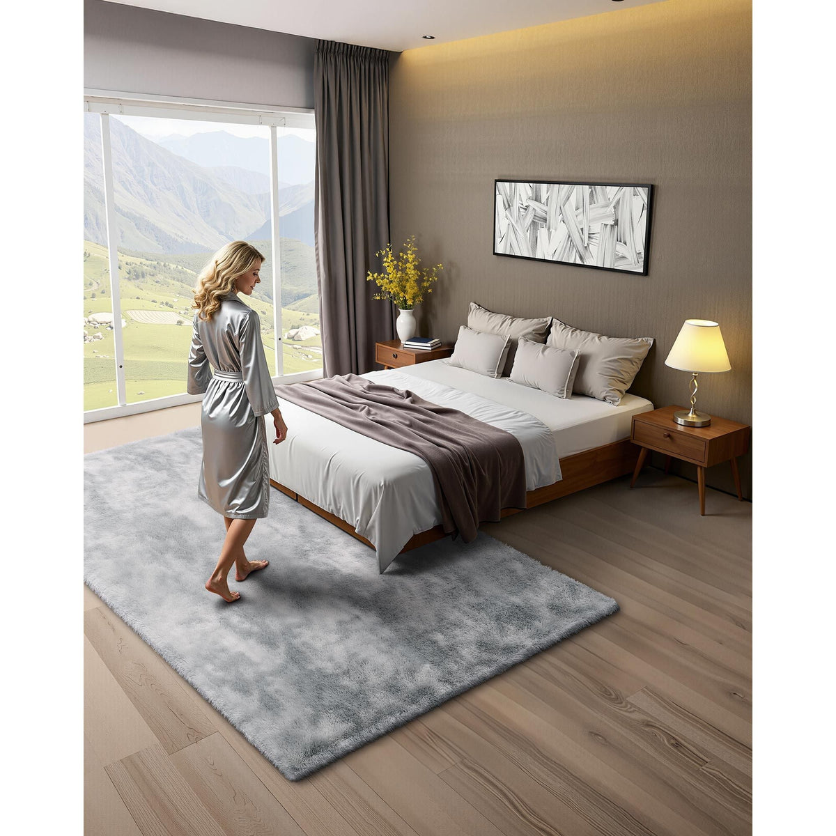 Indoor Plush Area Rugs, 6 x 9 ft Soft Plush Carpet, Furry Shag Area Rugs for Living Room, Bedroom, Modern Home Decor Aesthetic Long-Pile Rug, Non-Shedding, Slip-Resistant, Tie-Dye Light Gray