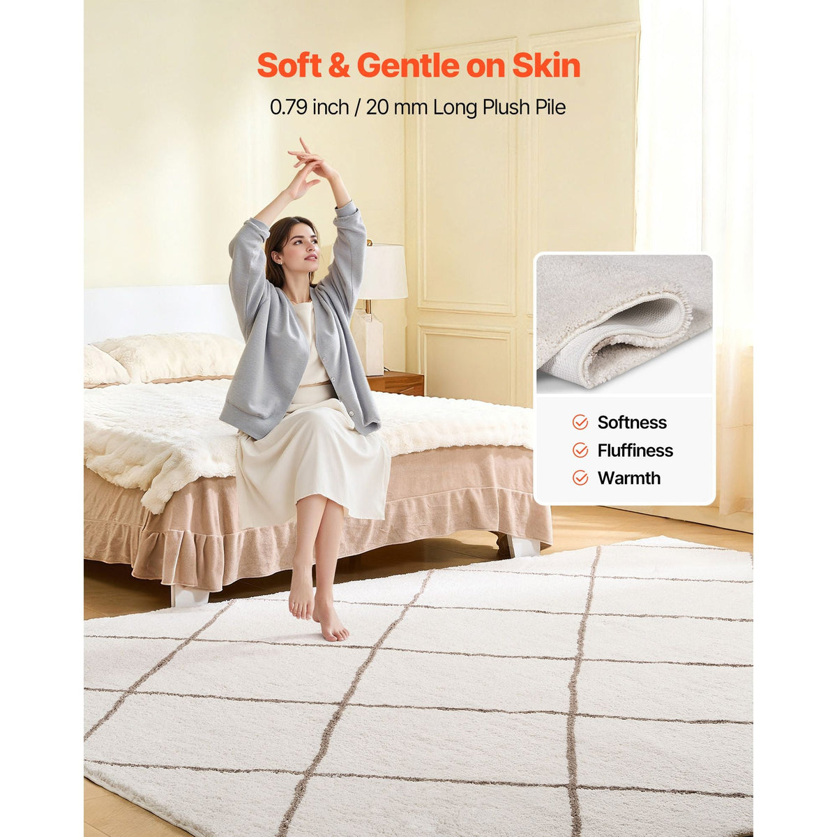 Indoor Plush Area Rugs, 8 x 10 ft Plush Carpet, Area Rugs Furry with Long Plushs Pile, Thick & Durable High-Pile Rug for High-Traffic Areas, Bedroom, Non-Shedding & Non-Slip Backing, Beige