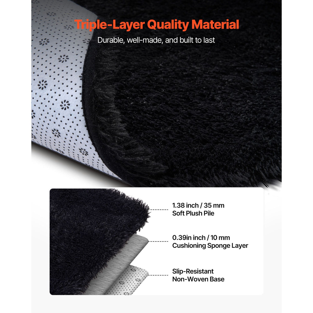 Indoor Plush Area Rugs, 8 x 10 ft Soft Plush Carpet, Furry Shag Area Rugs for Living Room, Bedroom, Sunroom, Modern Home Decor Aesthetic, Non-Shedding, Non-Woven, Slip-Resistant, Black