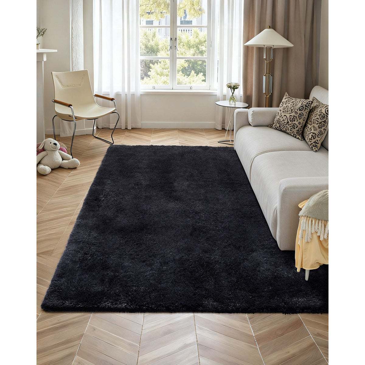 Indoor Plush Area Rugs, 8 x 10 ft Soft Plush Carpet, Furry Shag Area Rugs for Living Room, Bedroom, Sunroom, Modern Home Decor Aesthetic, Non-Shedding, Non-Woven, Slip-Resistant, Black