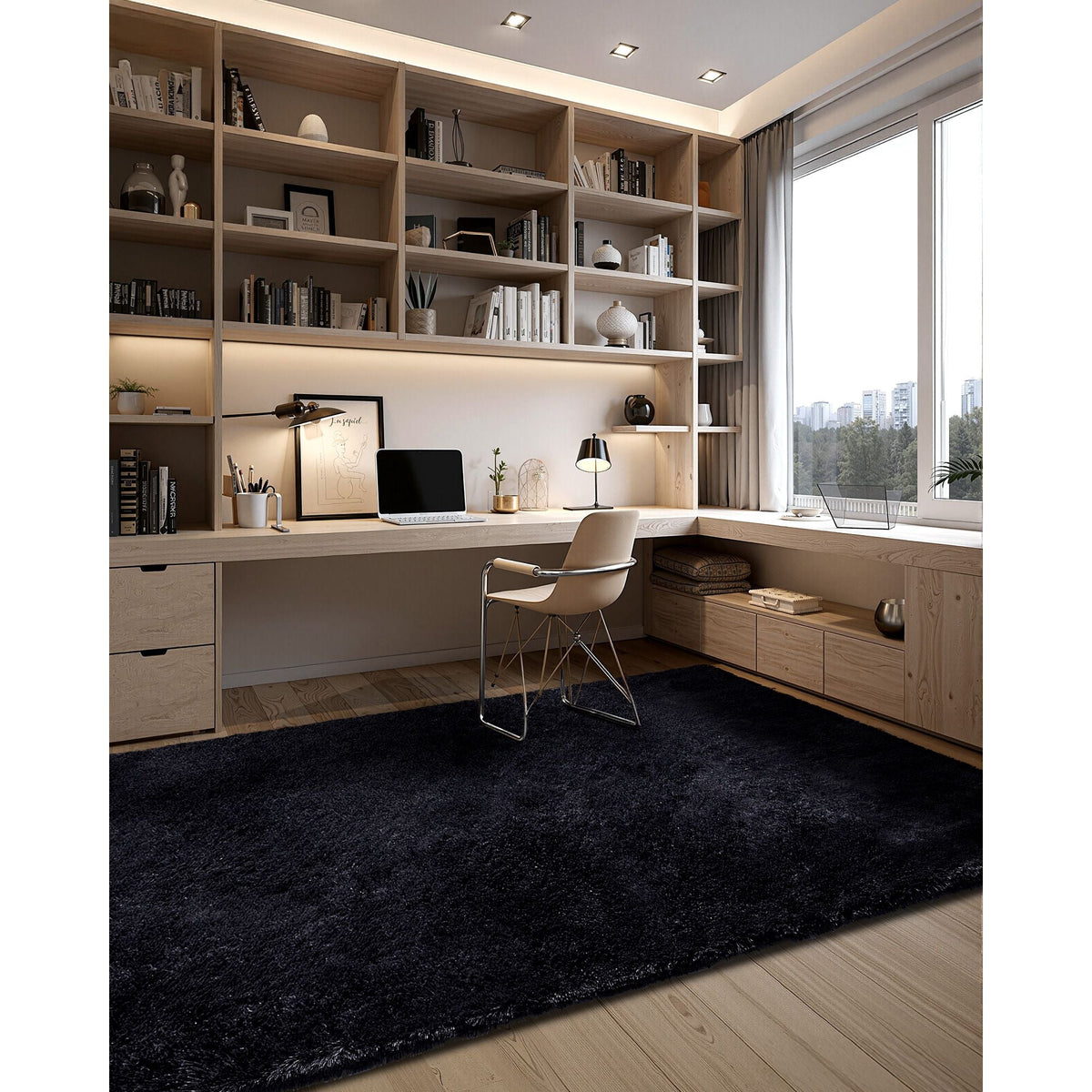 Indoor Plush Area Rugs, 8 x 10 ft Soft Plush Carpet, Furry Shag Area Rugs for Living Room, Bedroom, Sunroom, Modern Home Decor Aesthetic, Non-Shedding, Non-Woven, Slip-Resistant, Black