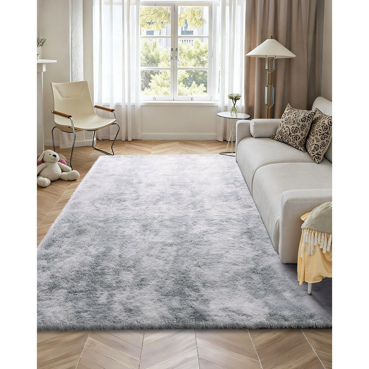 Indoor Plush Area Rugs, 9 x 12 ft Soft Plush Carpet, Furry Shag Area Rugs for Living Room, Bedroom, Modern Home Decor Aesthetic Long-Pile Rug, Non-Shedding, Slip-Resistant, Tie-Dye Light Gray