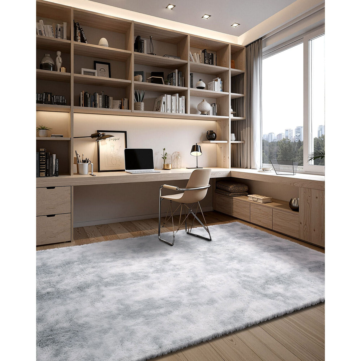 Indoor Plush Area Rugs, 9 x 12 ft Soft Plush Carpet, Furry Shag Area Rugs for Living Room, Bedroom, Modern Home Decor Aesthetic Long-Pile Rug, Non-Shedding, Slip-Resistant, Tie-Dye Light Gray