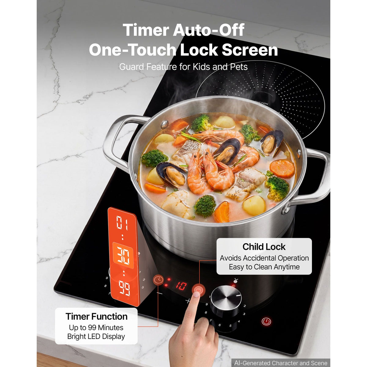 Induction Cooktop 12inch 2 Burners Built-in Electric Stove 110V 1800W, Countertop Induction Burner, with 11 Power Levels, Knob Control, Ceramic Glass Surface, Child Lock, for Kitchen, RV