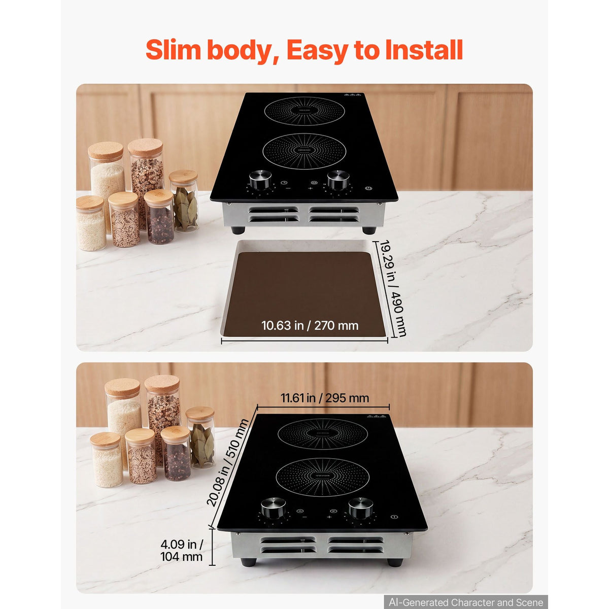 Induction Cooktop 12inch 2 Burners Built-in Electric Stove 110V 1800W, Countertop Induction Burner, with 11 Power Levels, Knob Control, Ceramic Glass Surface, Child Lock, for Kitchen, RV