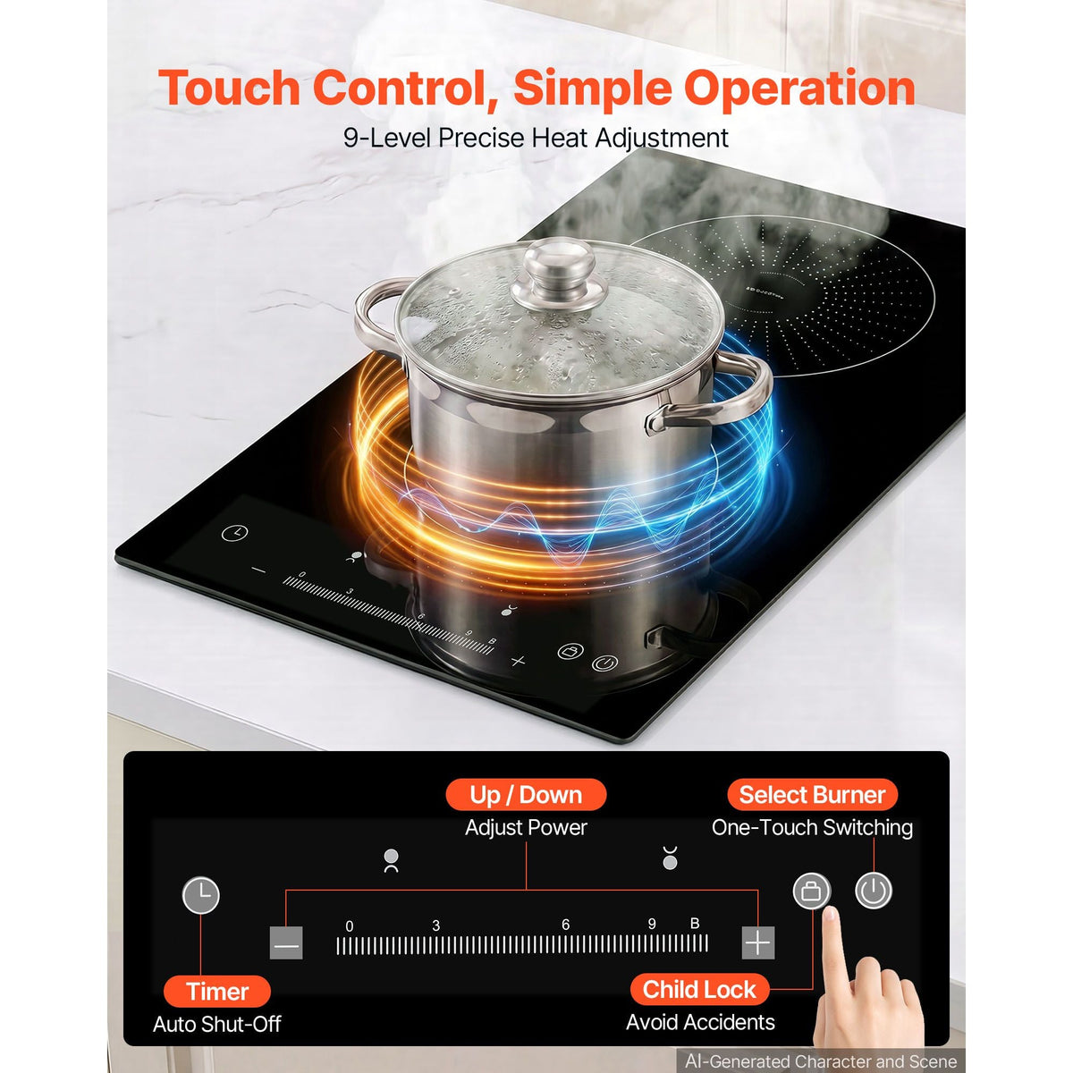 Induction Cooktop 12inch 2 Burners Built-in Electric Stove 110V 1800W, Countertop Induction Burner, with 9 Power Levels, LED Touch Screen, Ceramic Glass Surface, Child Lock, for Kitchen, RV