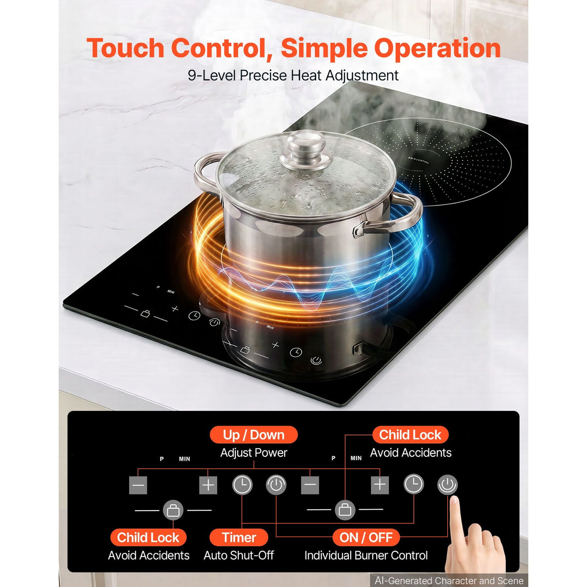 Induction Cooktop 12inch 2 Burners Built-in Electric Stove 110V 1800W, Countertop Induction Burner, with 9 Power Levels, LED Touch Screen, Ceramic Glass Surface, Child Lock, for Kitchen, RV