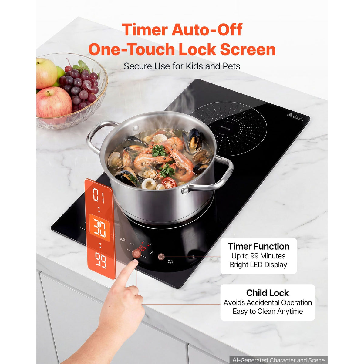 Induction Cooktop 12inch 2 Burners Built-in Electric Stove 110V 1800W, Countertop Induction Burner, with 9 Power Levels, LED Touch Screen, Ceramic Glass Surface, Child Lock, for Kitchen, RV