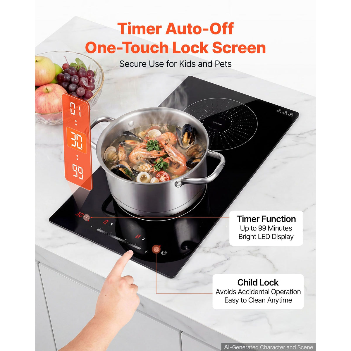 Induction Cooktop 12inch 2 Burners Built-in Electric Stove 110V 1800W, Countertop Induction Burner, with 9 Power Levels, LED Touch Screen, Ceramic Glass Surface, Child Lock, for Kitchen, RV