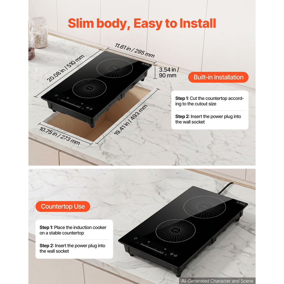Induction Cooktop 12inch 2 Burners Built-in Electric Stove 110V 1800W, Countertop Induction Burner, with 9 Power Levels, LED Touch Screen, Ceramic Glass Surface, Child Lock, for Kitchen, RV