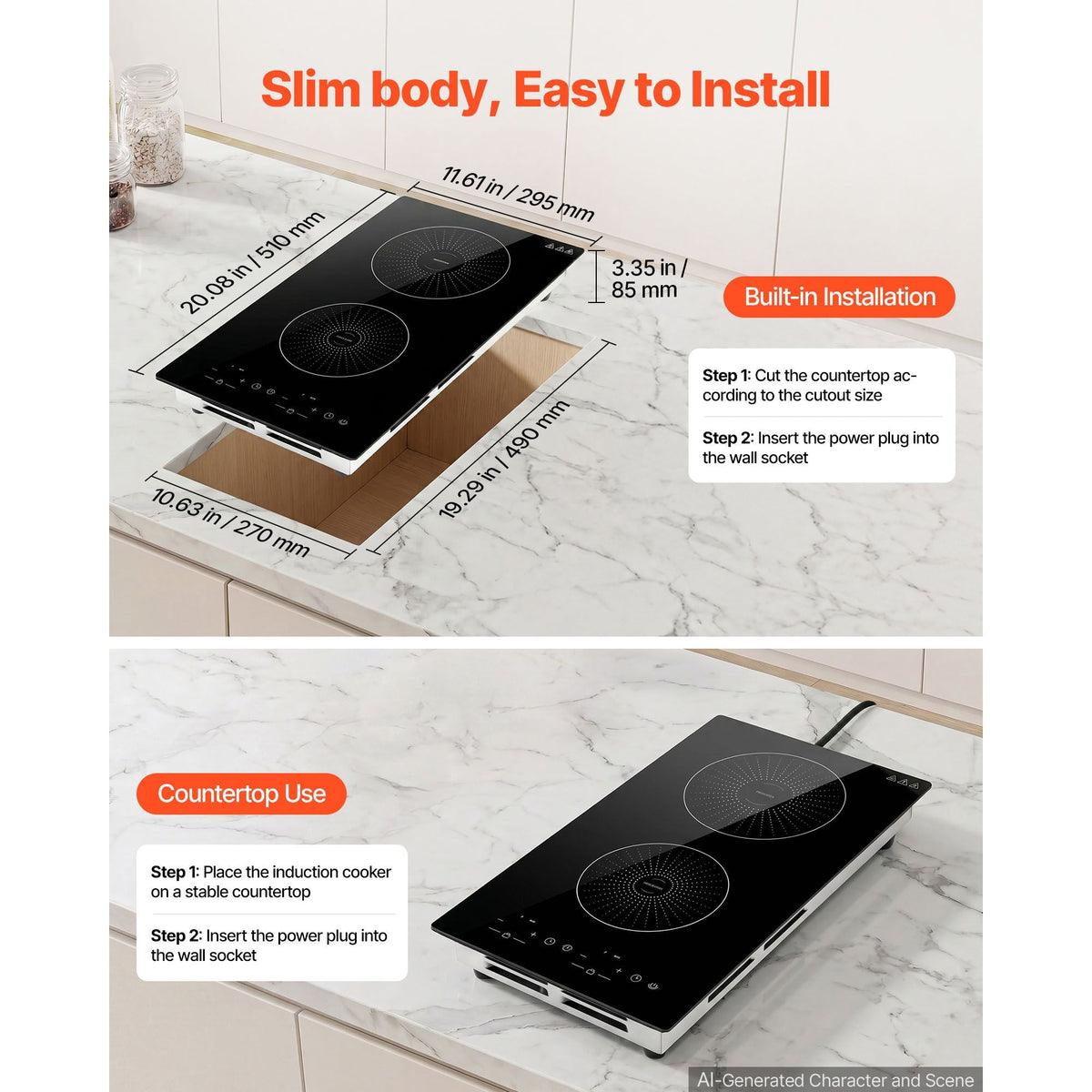 Induction Cooktop 12inch 2 Burners Built-in Electric Stove 110V 1800W, Countertop Induction Burner, with 9 Power Levels, LED Touch Screen, Ceramic Glass Surface, Child Lock, for Kitchen, RV