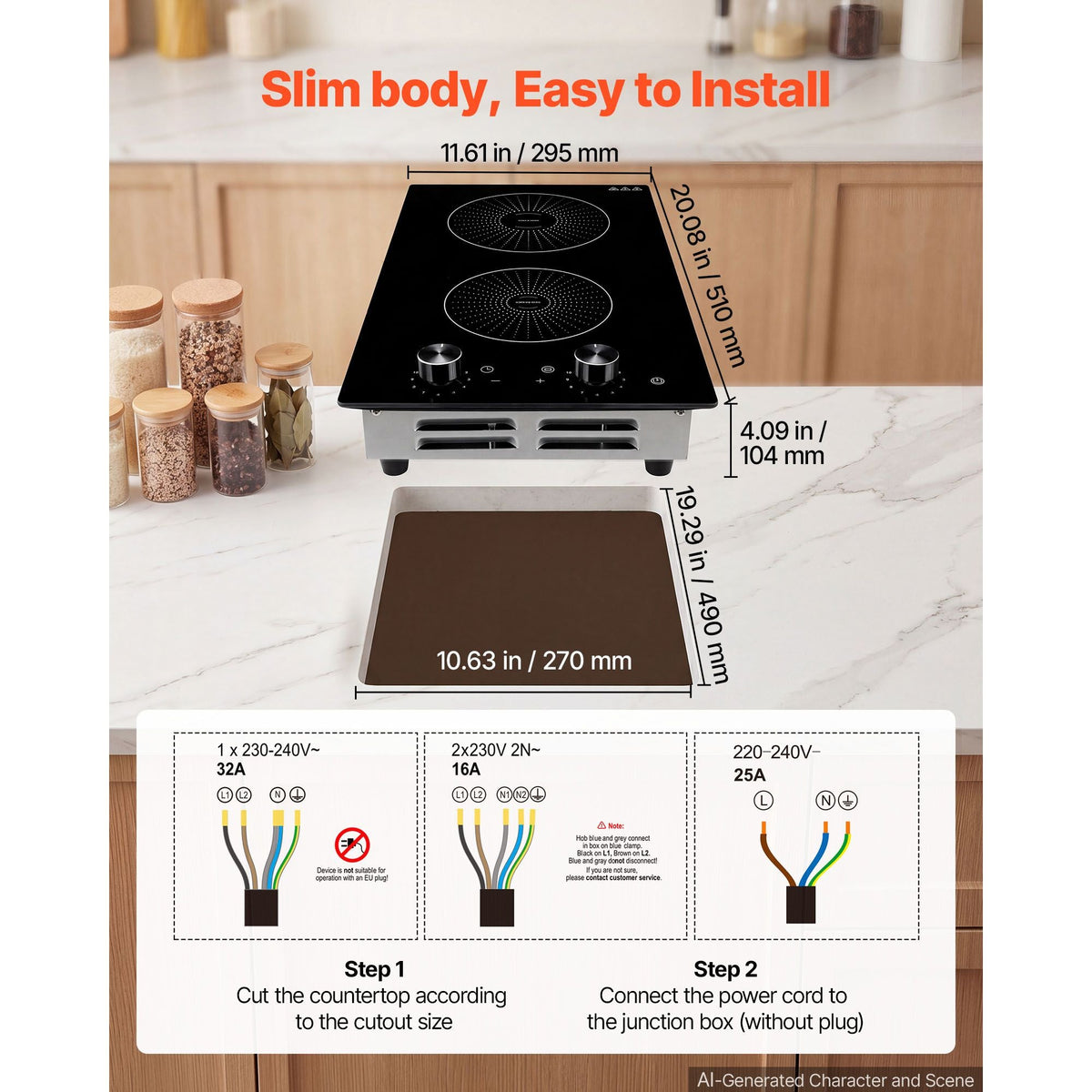 Induction Cooktop 12inch 2 Burners Built-in Electric Stove 220V 3500W, Induction Burner for Kitchen, with 11 Power Levels, Knob Control, Ceramic Glass Surface, Child Lock