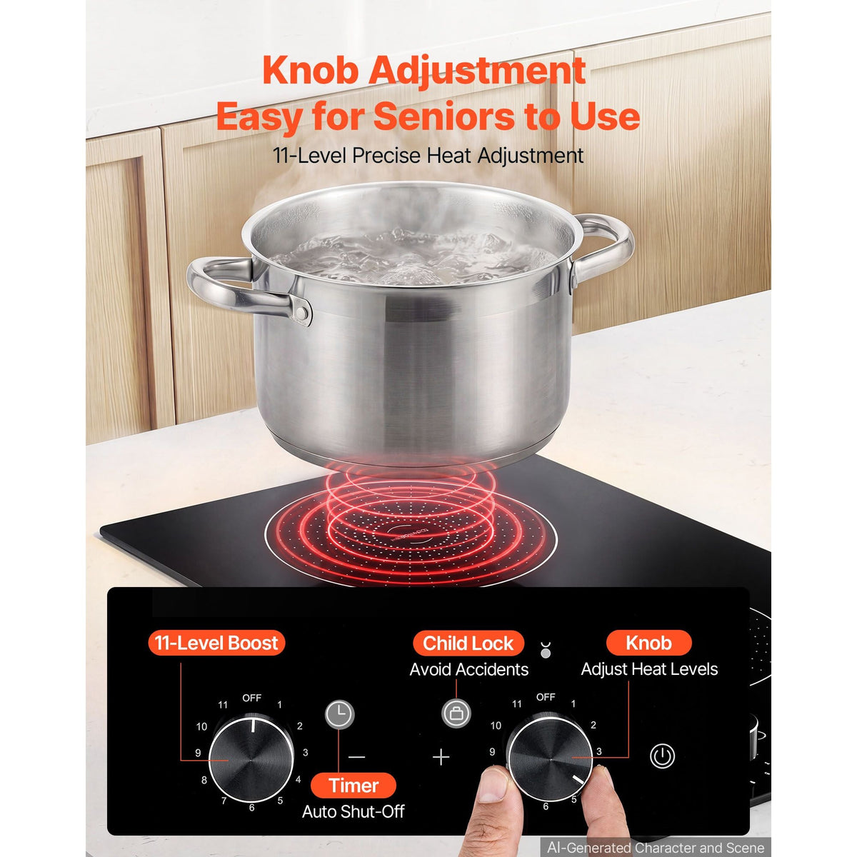 Induction Cooktop 12inch 2 Burners Built-in Electric Stove 220V 3500W, Induction Burner for Kitchen, with 11 Power Levels, Knob Control, Ceramic Glass Surface, Child Lock