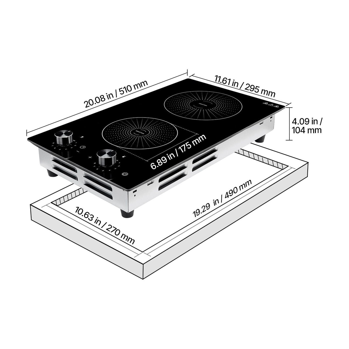 Induction Cooktop 12inch 2 Burners Built-in Electric Stove 220V 3500W, Induction Burner for Kitchen, with 11 Power Levels, Knob Control, Ceramic Glass Surface, Child Lock