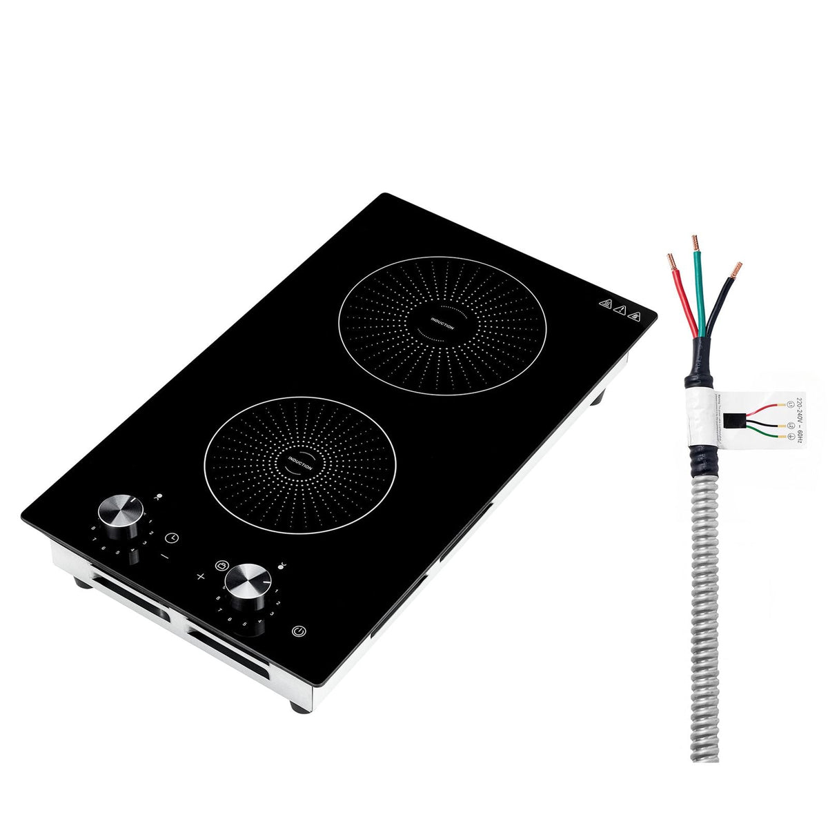 Induction Cooktop 12inch 2 Burners Built-in Electric Stove 220V 3500W, Induction Burner for Kitchen, with 11 Power Levels, Knob Control, Ceramic Glass Surface, Child Lock
